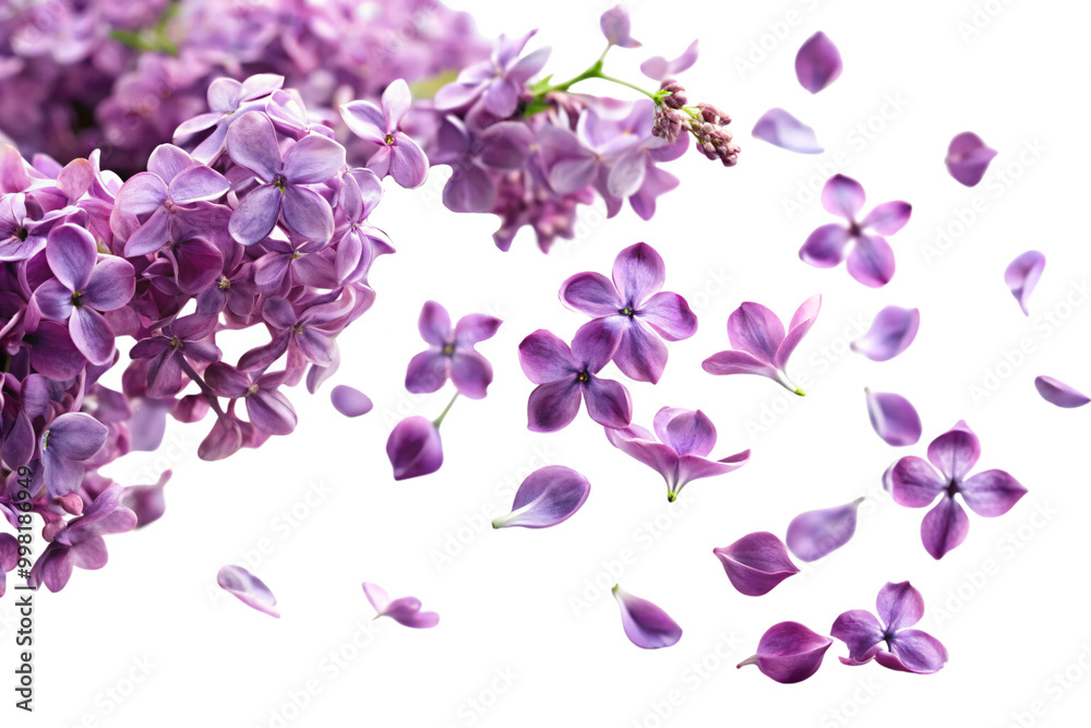 A cluster of vibrant lilac flowers with individual petals floating around, giving a dynamic and delicate floral arrangement against a transparent background