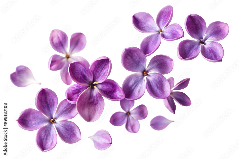 A delicate arrangement of soft purple flowers, with some petals gently scattered, evoking a sense of grace and natural elegance, on a transparent background A delicate arrangement of soft purple flowers, with some petals gently scattered, evoking a sense of grace and natural elegance, on a transparent background