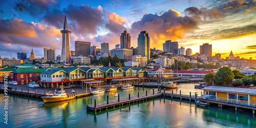 Scenic View of San Francisco Pier 34 with Vibrant Colors and Iconic City Skyline in the Background