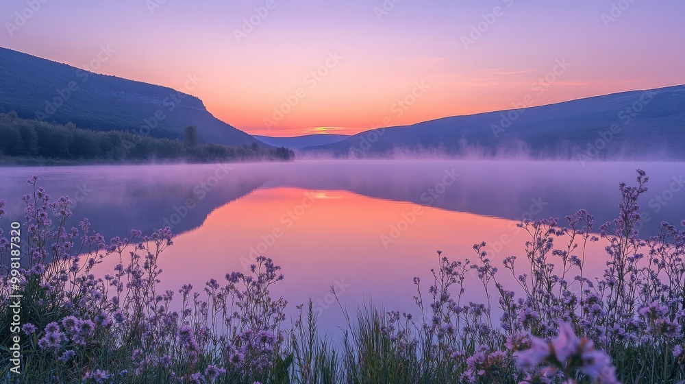 Serene Sunset Lake Scene with Mountain Silhouette. Serene Sunset Lake Scene with Mountain Silhouette.