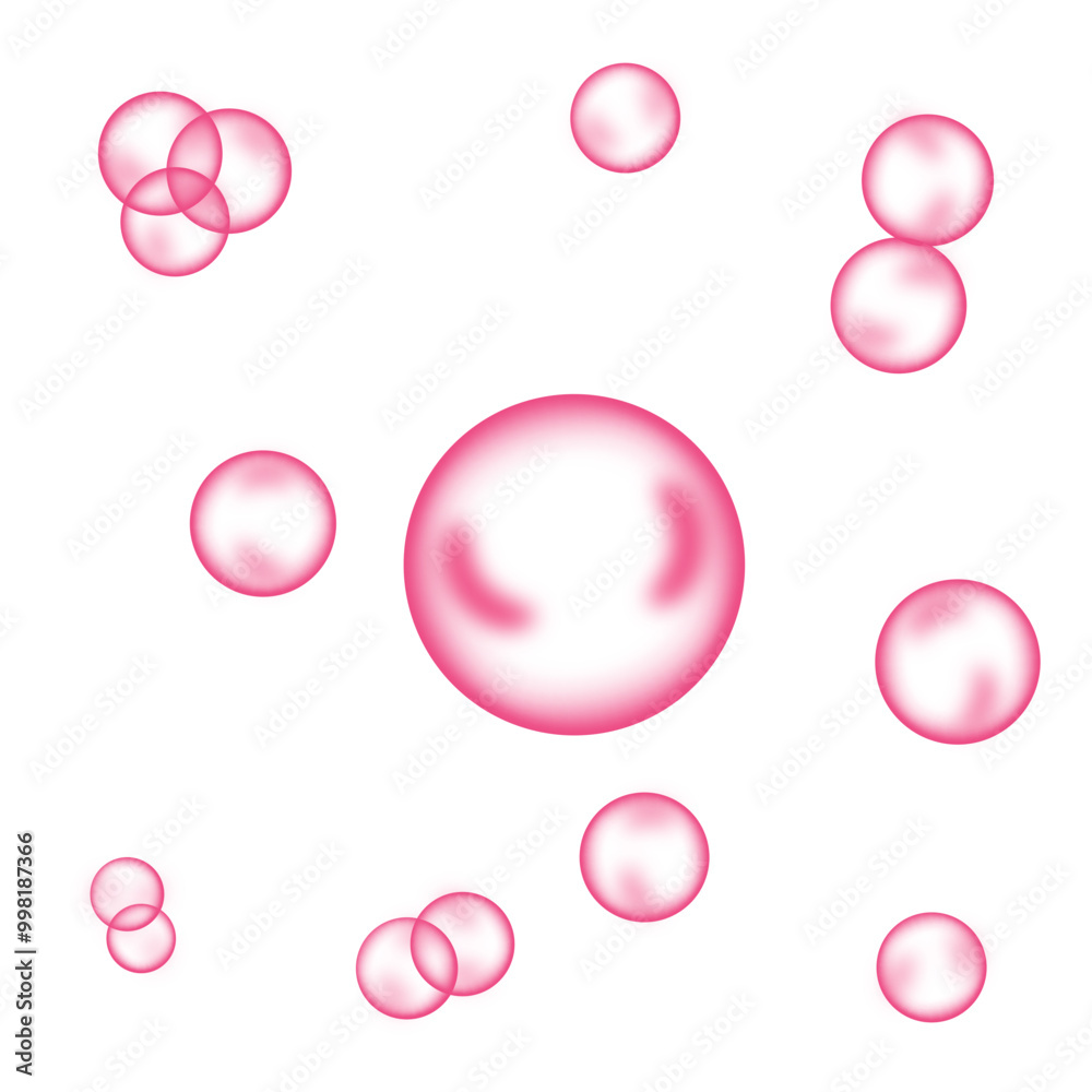 Pink bubbles on white background. Collagen bubbles. Fizzy sparkles. 
