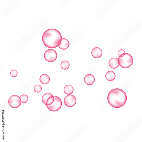 Pink bubbles on white background. Collagen bubbles. Fizzy sparkles. 
