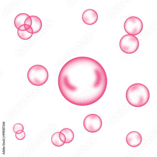 Pink bubbles on white background. Collagen bubbles. Fizzy sparkles. 
