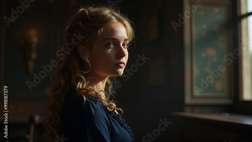 beautiful British girl from the 1890s with blonde hair half up and half down wearing a dark blue Victorian-era traveling dress castle room at night.