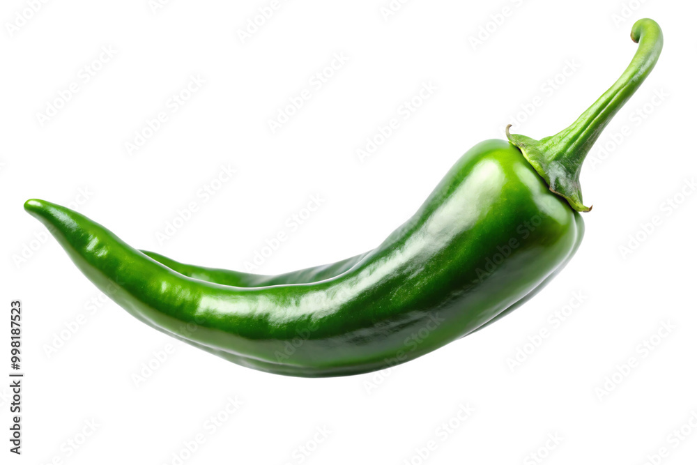 A shiny, elongated green chili pepper with a slight curve, its vibrant color and glossy surface hinting at its fresh, spicy flavor, on a transparent background A shiny, elongated green chili pepper with a slight curve, its vibrant color and glossy surface hinting at its fresh, spicy flavor, on a transparent background
