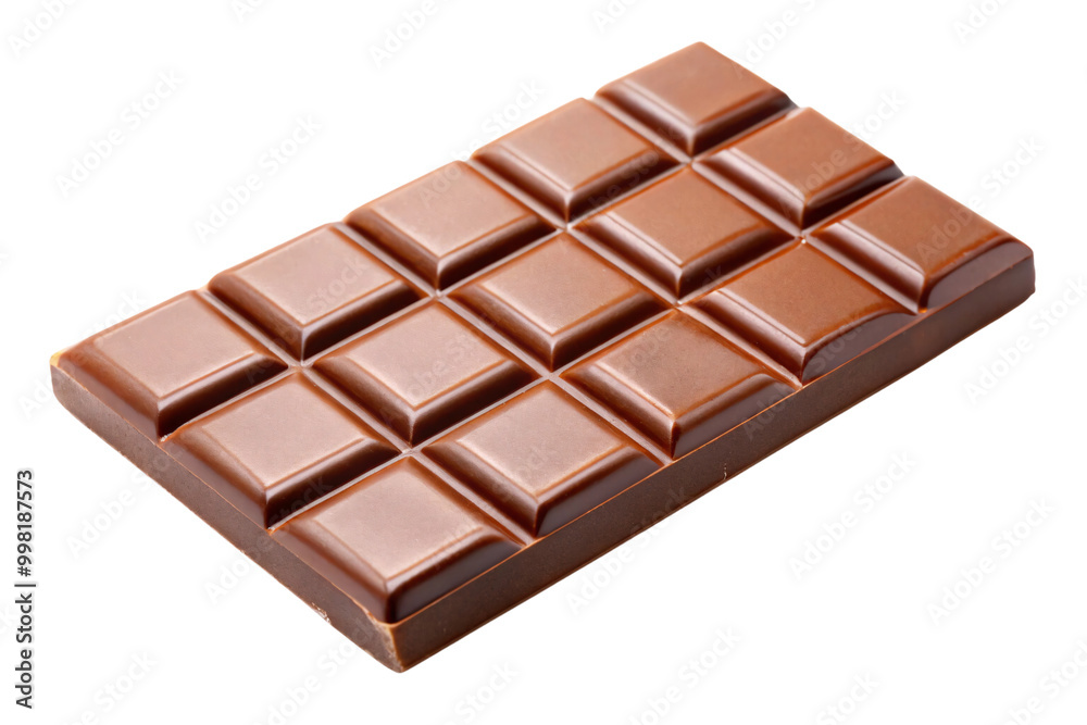 A smooth, rectangular block of milk chocolate, segmented into smaller squares, invitingly displayed against a transparent background, showcasing its rich, creamy texture A smooth, rectangular block of milk chocolate, segmented into smaller squares, invitingly displayed against a transparent background, showcasing its rich, creamy texture