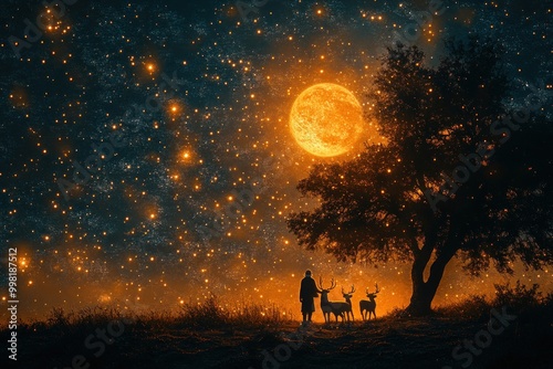 A silhouette of a man and two deer standing in front of a large tree, under a full moon and a starry night sky.