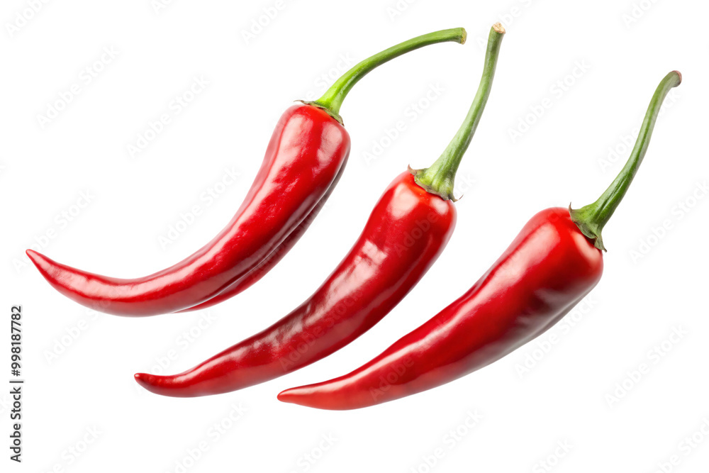 A trio of glossy, red chili peppers with a smooth surface and slightly curved shape, positioned in a way that emphasizes their spicy potential, on a transparent background A trio of glossy, red chili peppers with a smooth surface and slightly curved shape, positioned in a way that emphasizes their spicy potential, on a transparent background