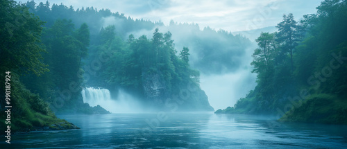 Misty Waterfall Serenity: Enchanting view of a serene waterfall cascading through a misty forest, creating a tranquil and ethereal atmosphere. Perfect for travel, nature, and relaxation themes. 