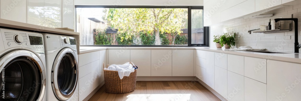 The laundry room showcases built-in washing and drying machines, white cabinetry, and a basket filled with clean laundry. Generative AI The laundry room showcases built-in washing and drying machines, white cabinetry, and a basket filled with clean laundry. Generative AI