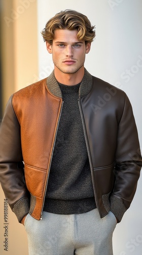 Casually Dressed Man in Brown Leather Jacket photo