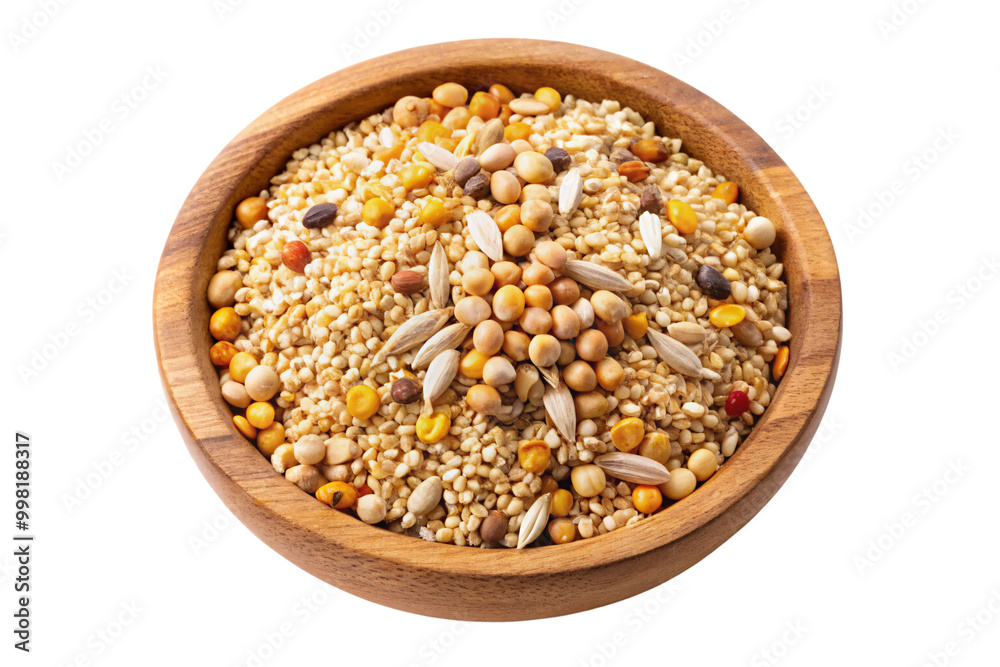 A wooden bowl showcasing a mixture of various grains and seeds, highlighting the diversity and natural richness of whole foods, on a transparent background A wooden bowl showcasing a mixture of various grains and seeds, highlighting the diversity and natural richness of whole foods, on a transparent background
