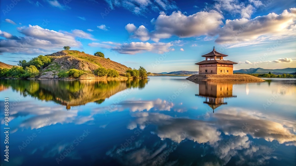 Fototapeta premium Serene Lake at Phantom Hill with Fortified Structure Reflecting in Calm Waters Under Blue Sky