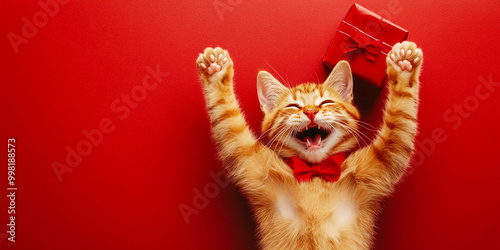 Adorable Pets with Gifts, Space for Custom Text: Charming cat and dog with gift box against vibrant backgrounds. Perfect for personalized greetings, promotional content, space for custom text