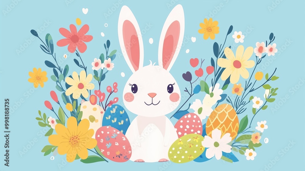 Cartoon Easter bunny with flowers and eggs Cartoon Easter bunny with flowers and eggs