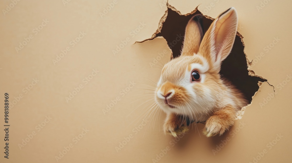 Rabbit peeking through a hole in the wall Rabbit peeking through a hole in the wall