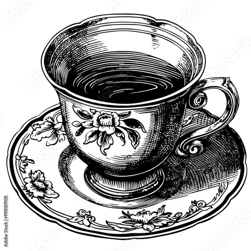 コーヒーカップとソーサーの銅版画のベクターイラスト。