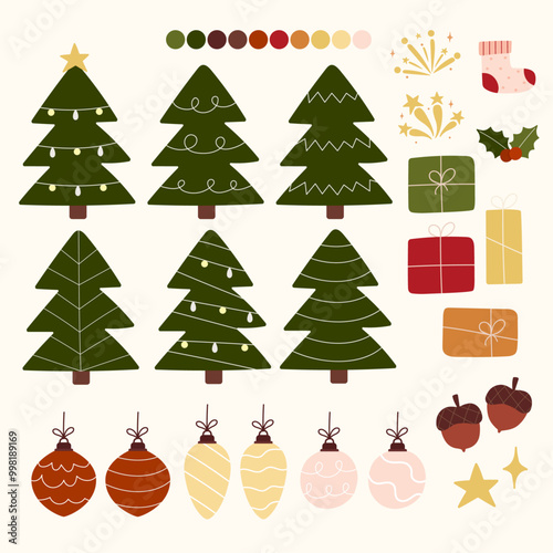 A minimalist collection of Christmas and New Year-themed icons with Christmas trees, ornaments, presents, and festive symbols, evoking a cozy holiday celebration_5000px