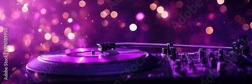 Vibrant purple background with disco lights and vinyl record player photo