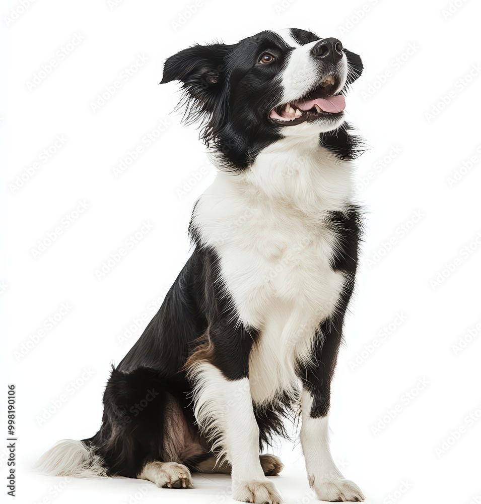 Fototapeta premium Black and white Border Collie sitting and looking up with a happy expression on a white background.