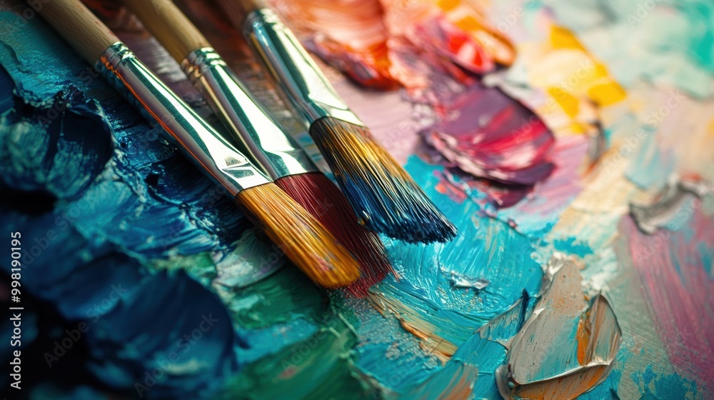 Brightly colored paints fill the palette while brushes rest on the canvas, showcasing creative and abstract artistic expressions. Generative AI Brightly colored paints fill the palette while brushes rest on the canvas, showcasing creative and abstract artistic expressions. Generative AI