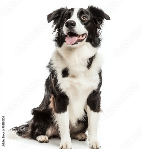 Border Collie dog sitting with a joyful expression, showcasing black and white fur on a white background.