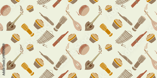 Seamless  attern fabric Thai style and decorated Ponglang musical instruments such as the khaen, pong lang and Northeastern lute are placed on a light yellow background.Thainame.