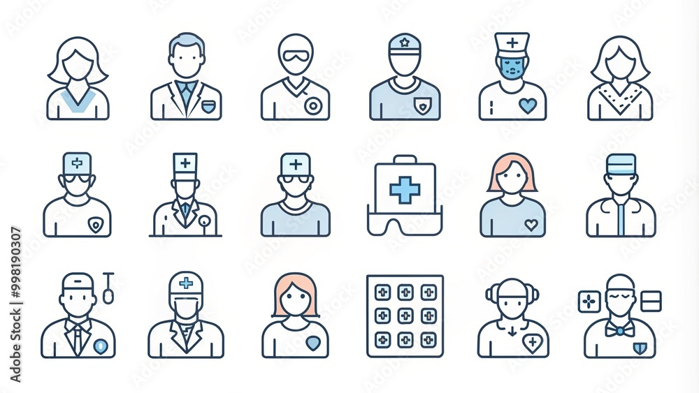 Sleek outline icons depict healthcare professionals, medical equipment, and symbols, offering a premium quality, simple, and mono-linear pictogram pack for web graphics and design projects. Sleek outline icons depict healthcare professionals, medical equipment, and symbols, offering a premium quality, simple, and mono-linear pictogram pack for web graphics and design projects.
