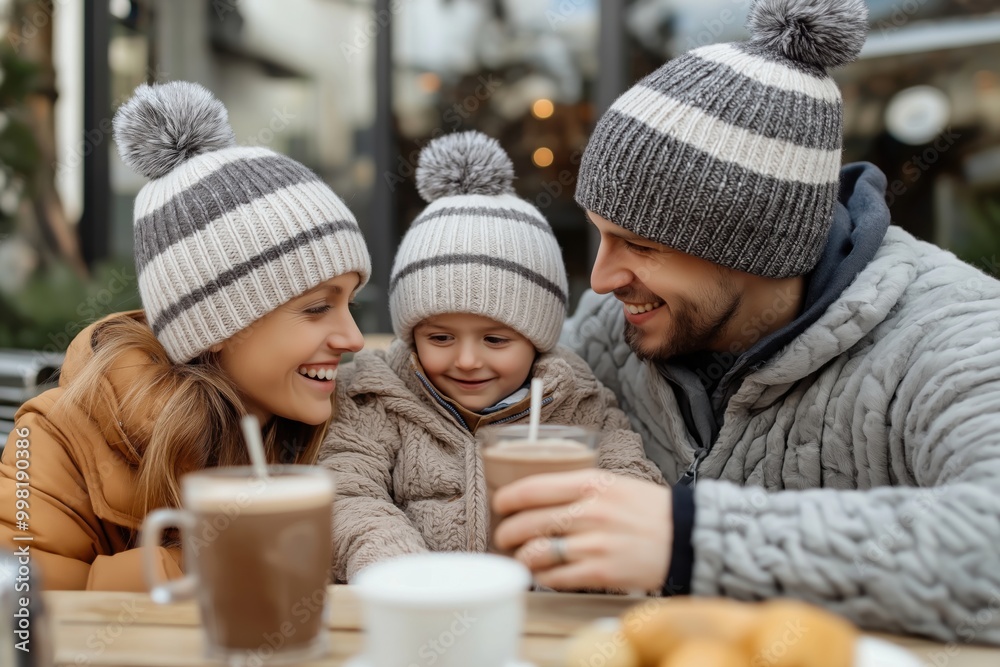 Obraz premium Family drinking hot drinks in fall. Warm family moment A family dressed warmly in fall clothing, sharing hot drinks together, enjoying a cozy autumn day outdoors