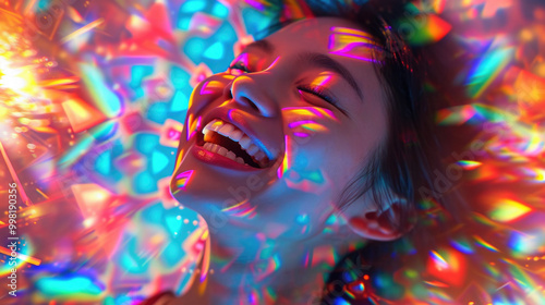 A joyful woman is laughing amidst colorful lights projected vividly on her face