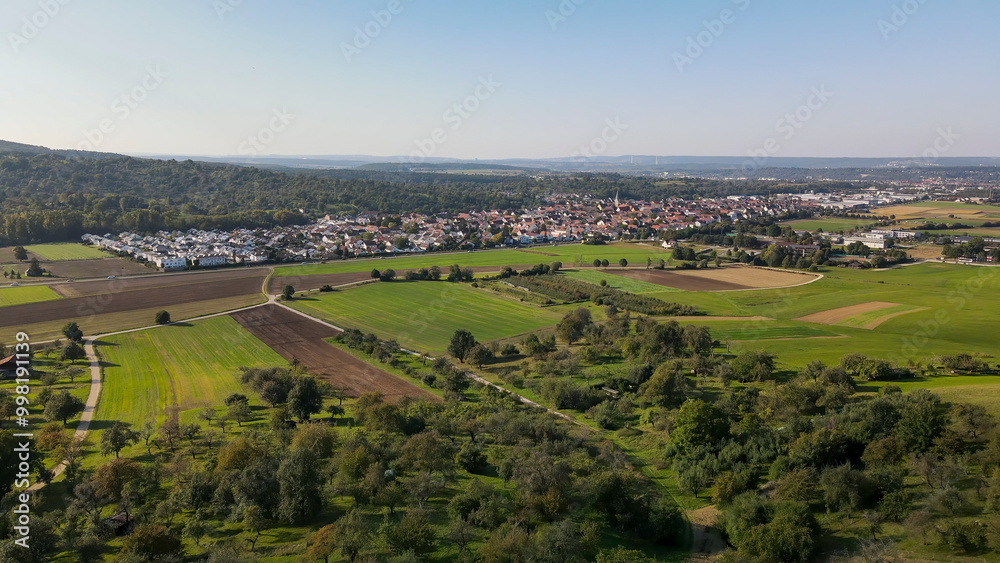 A flight above Dettingen Teck towards the Castle Teck which is located high above the mountain A flight above Dettingen Teck towards the Castle Teck which is located high above the mountain