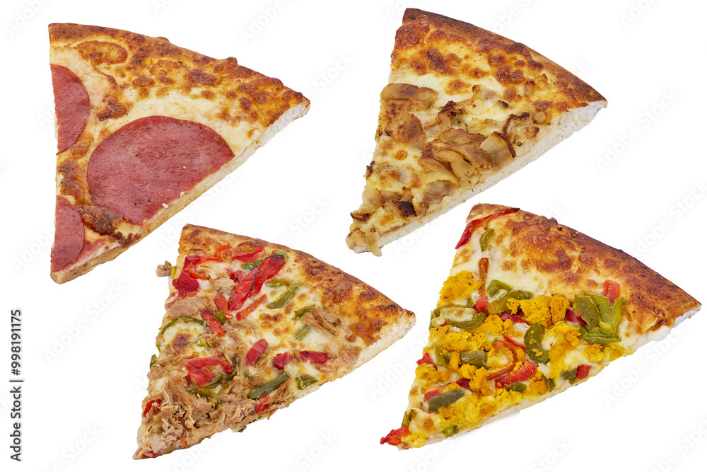 Composition of four differents slices of pizza isolated on white