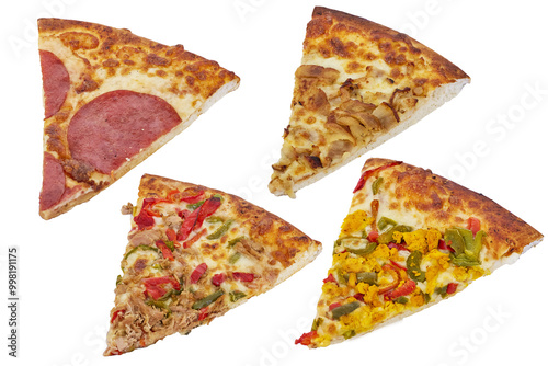 Obraz na płótnie Composition of four differents slices of pizza isolated on white w salonie