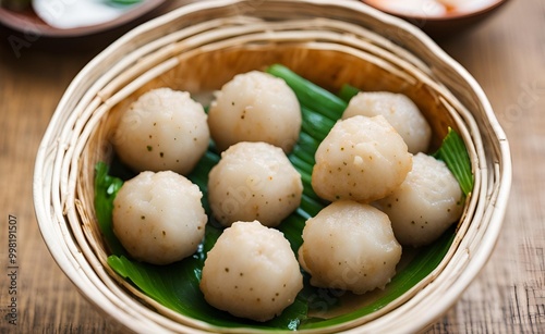 Delicious Asian style steamed fish balls are served in an appealing bamboo basket, showcasing their delightful flavors and textures, perfect for a satisfying meal experience.