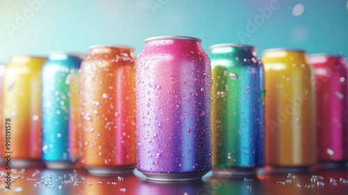 Row of Colorful Aluminum Cans with Water Droplets