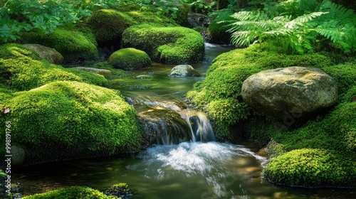 Crystal-clear stream flowing through moss-covered rocks in the Rock Garden of Mt. Mitake, surrounded by thick greenery and the beauty of nature in Ome, Tokyo.
