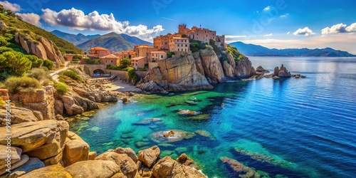 Stunning coastal view of Cargese in Corsica featuring rocky cliffs and azure Mediterranean waters photo