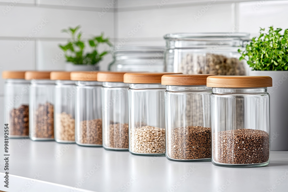 Set of glass jars with airtight lids on a white surface Set of glass jars with airtight lids on a white surface