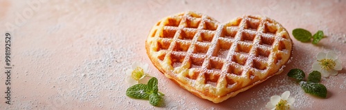 Heart shaped crusty waffle with daisies and powdered sugar. Aesthetic cuisine and dessert food concept. For Valentine's Day celebration. Close-up food shot for poster, card, menu, restaurant  photo