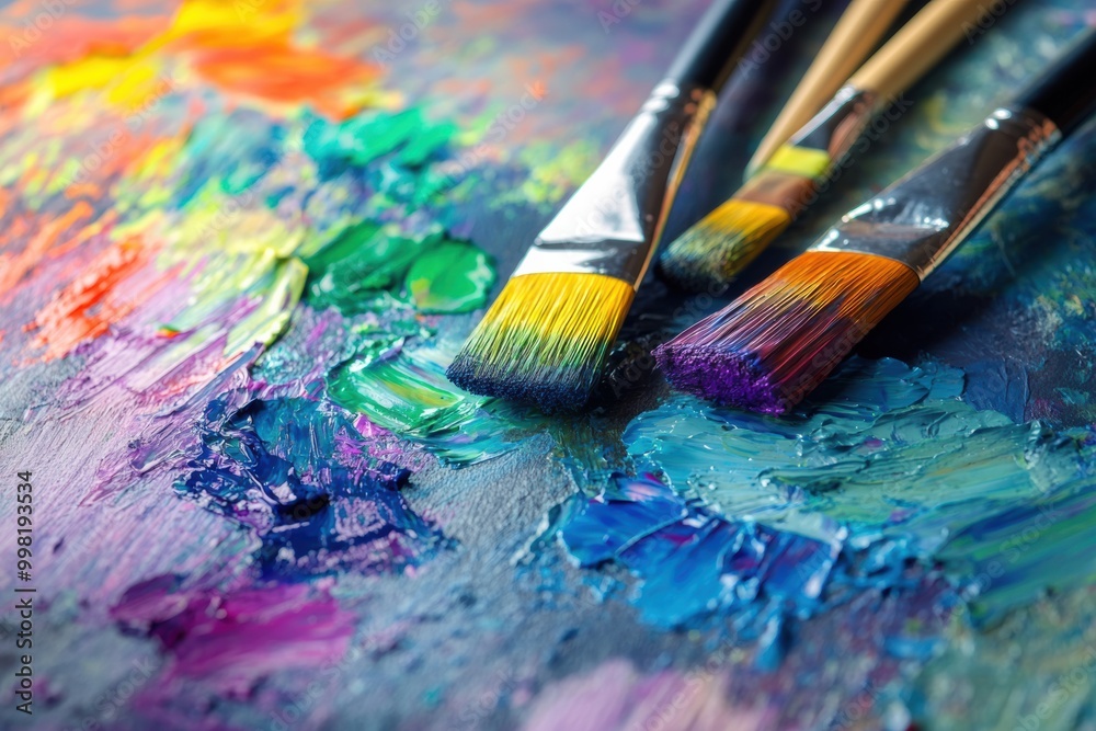 Fototapeta premium Bright paint splashes cover the palette, while brushes rest on a canvas, capturing the essence of abstract artistry. Generative AI