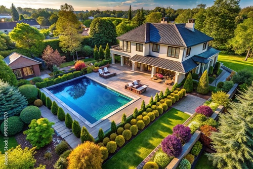 Stunning view of a modern luxury home with an inviting outdoor pool and beautiful landscaping