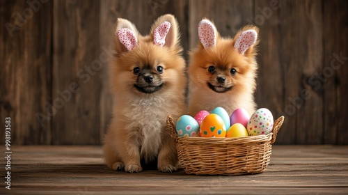 Cute Pomeranian-Pekingese puppies in bunny ears sitting on a wooden floor with a basket of bright Easter eggs beside them. Ideal for Easter banners with text space. photo