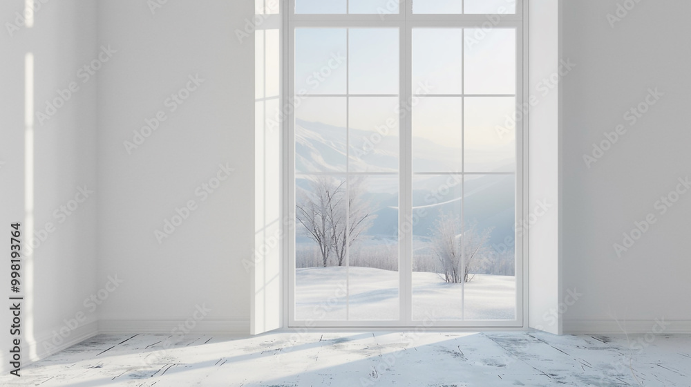 Mock up of white minimalist empty room with winter season Mock up of white minimalist empty room with winter season