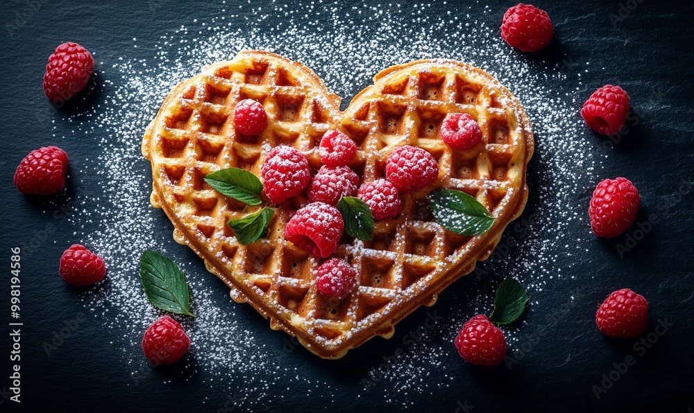 Heart shaped waffle with raspberries and powdered sugar on dark background. Pastry and dessert food concept. For Valentine's Day celebration. Flat lay for banner, poster, greeting card