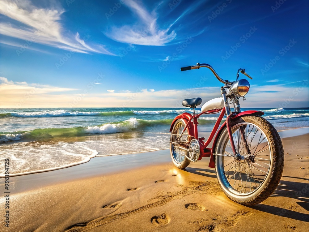 Fototapeta premium Stylish beach cruiser motorbike parked on sandy shore with ocean waves and clear blue sky backdrop