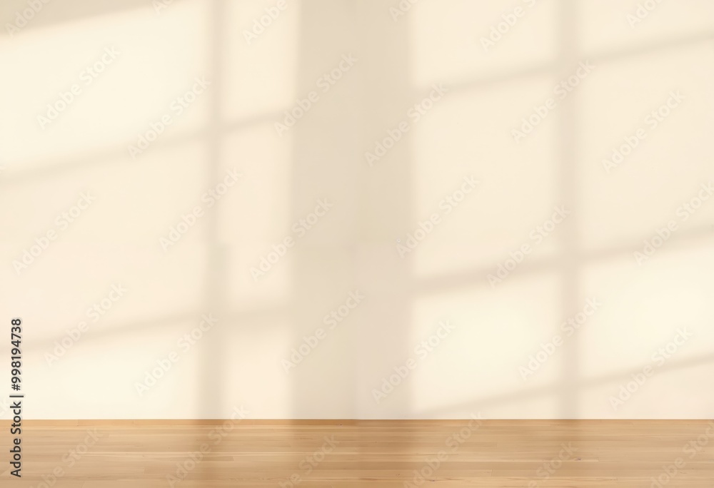 A minimalist room with a white wall, wooden floor, and three windows casting shadows, creates a serene and tranquil atmosphere A minimalist room with a white wall, wooden floor, and three windows casting shadows, creates a serene and tranquil atmosphere