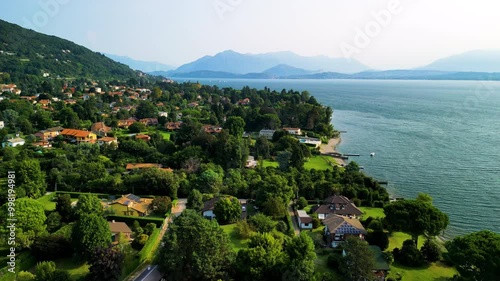 Aerial view of Lesa near lake Maggiore in Italy