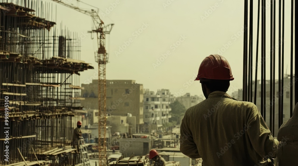 Construction Worker Looking Out at Cityscape Construction Worker Looking Out at Cityscape