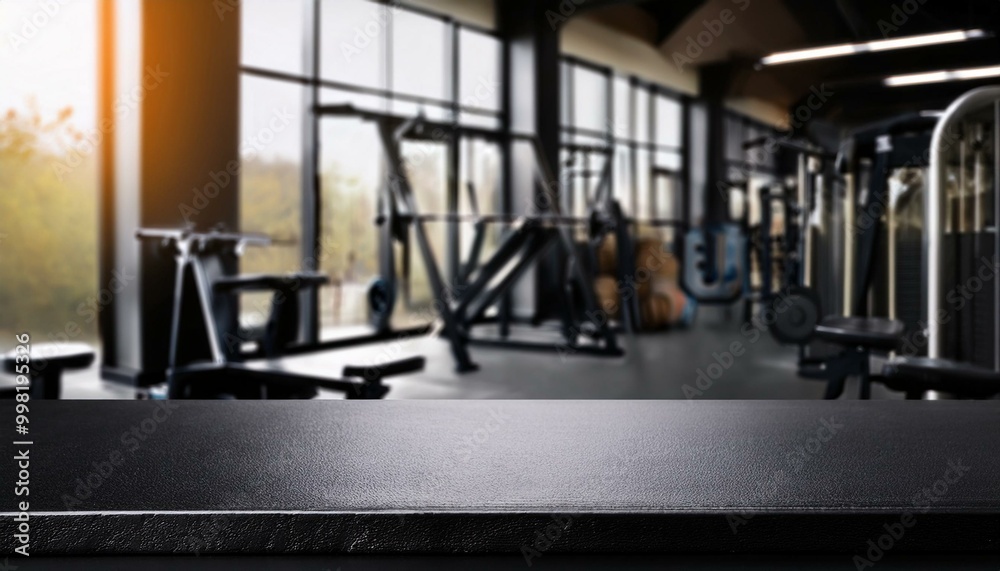 Black table top with gym background for product. Empty countertop mockup for sports nutrition or equipment. the gym Black table top with gym background for product. Empty countertop mockup for sports nutrition or equipment. the gym