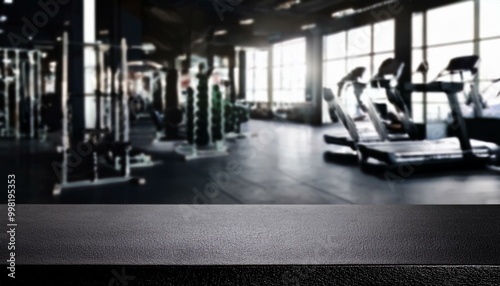 Black table top with gym background for product. Empty countertop mockup for sports nutrition or equipment. the gym